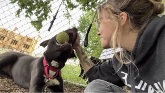 Young woman with blonde hair and tattoos gives a tennis ball to a dog
