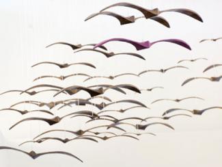 Rise Above, a suspended wood sculpture made up of nearly ninety birds.