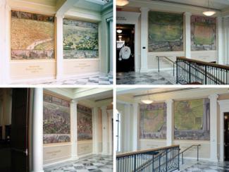 Eight mural maps that explore the topographic and historic urban development of Nashville, TN. 