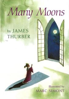 Illustrated book cover for Many Moons featuring a small child looking through a window at a full moon.