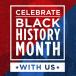 Frederick Douglass red & blue stylized background; overlaid text reads "celebrate black history month with us"