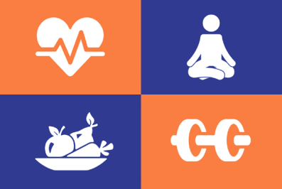 Blue and orange squares with white silhouettes of a person doing yoga, a dumbbell, a bowl of fruit, and a heart.