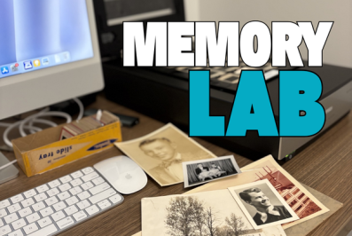 Desktop computer and old photographs. Text at top right says, "Memory Lab."