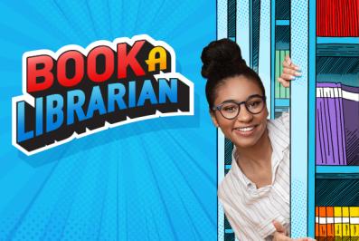 Book a Librarian advertisement showing a woman peeping out from behind cartoon book shevles