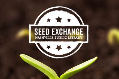 Seed Exchange logo. Nashville Public Library. Plant background.